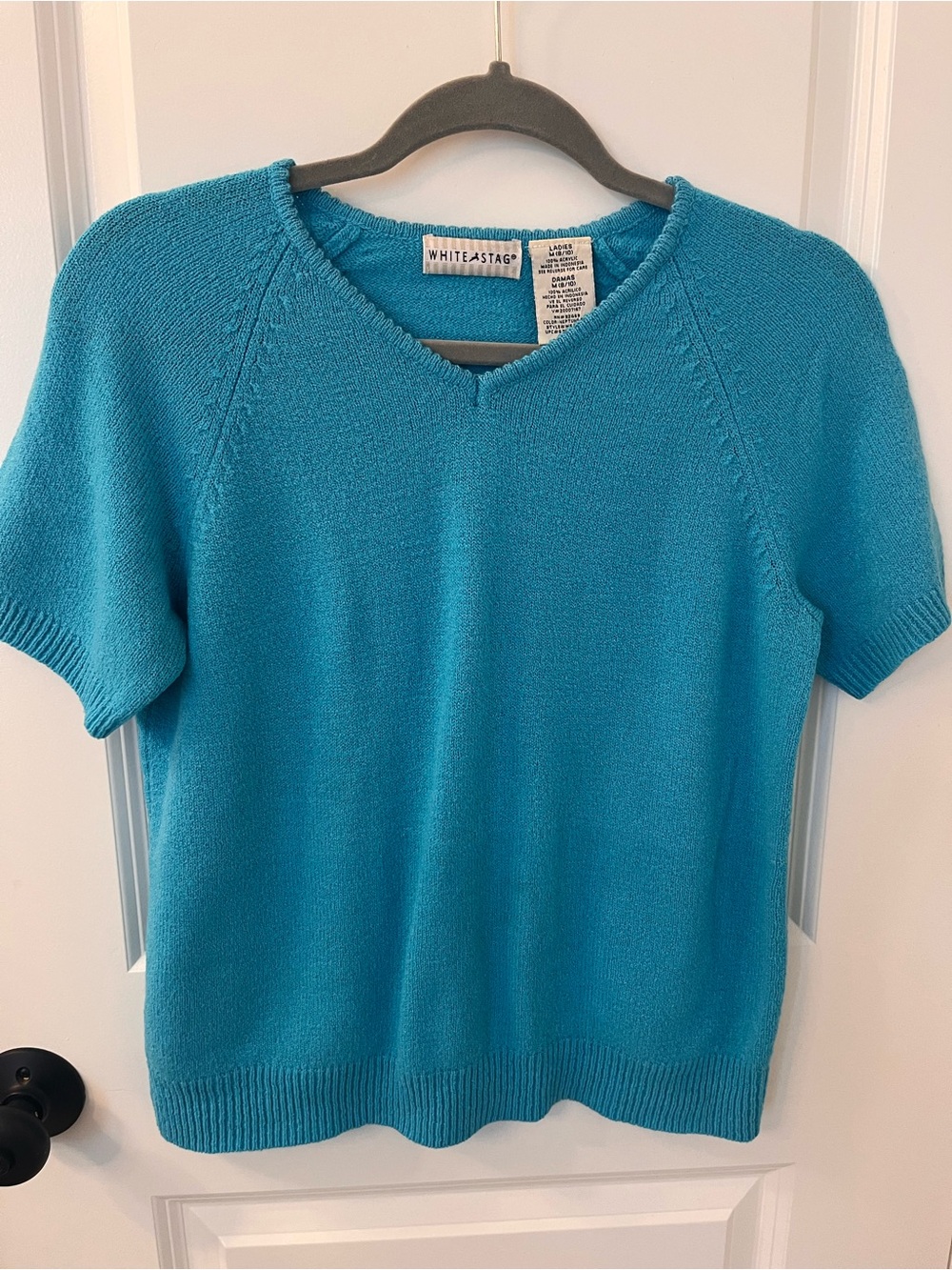 White Stag Short-Sleeve V-Neck Sweater in Turquoise Blue